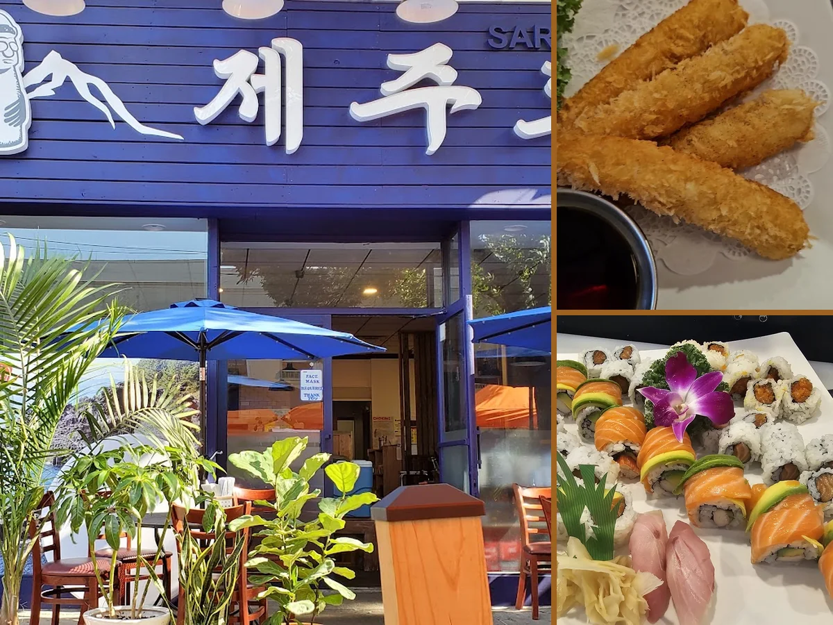 Korean restaurant dishes with sashimi and sushi.