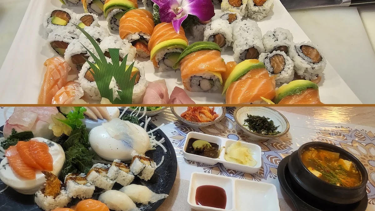 Assorted raw fish served with neat garnishes.