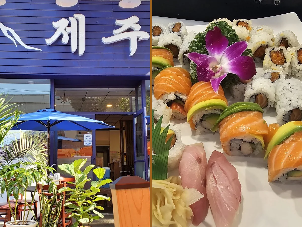 Shared plates of sushi and sashimi.