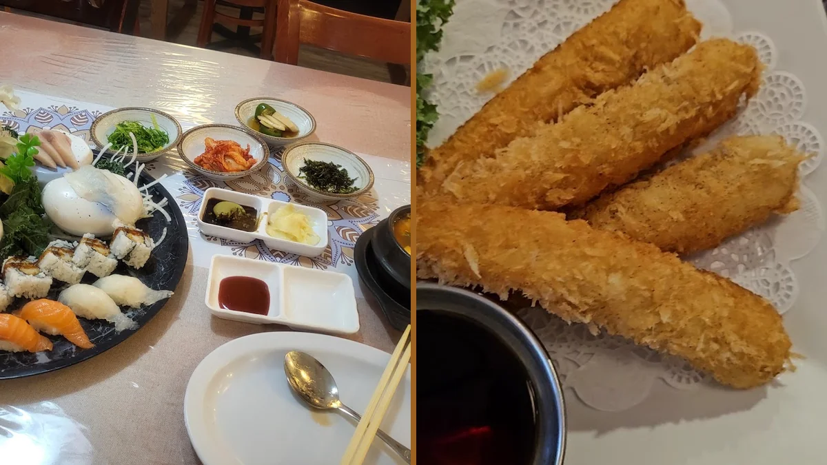 Korean restaurant dishes with sashimi and sushi.