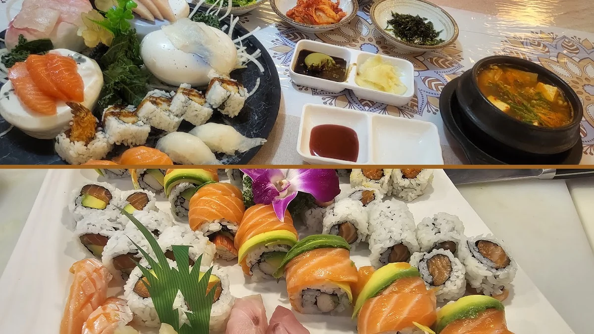 Assorted raw fish served with neat garnishes.