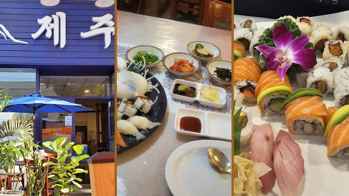 Shared plates of sushi and sashimi.