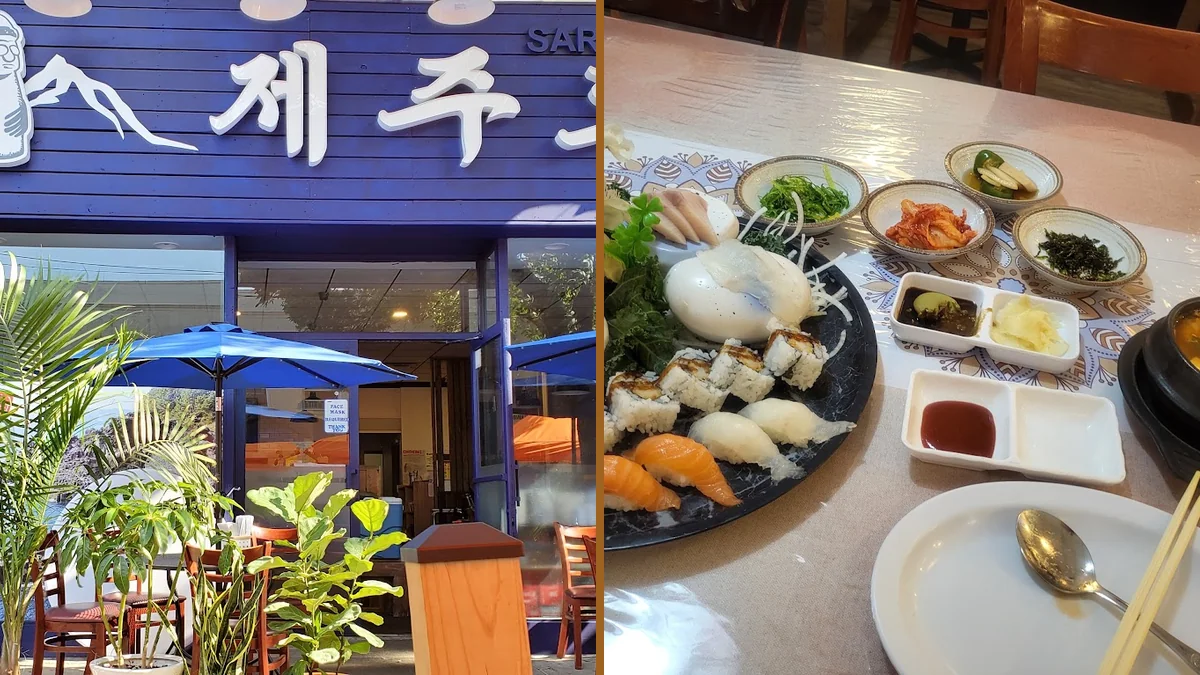 Korean restaurant dishes with sashimi and sushi.